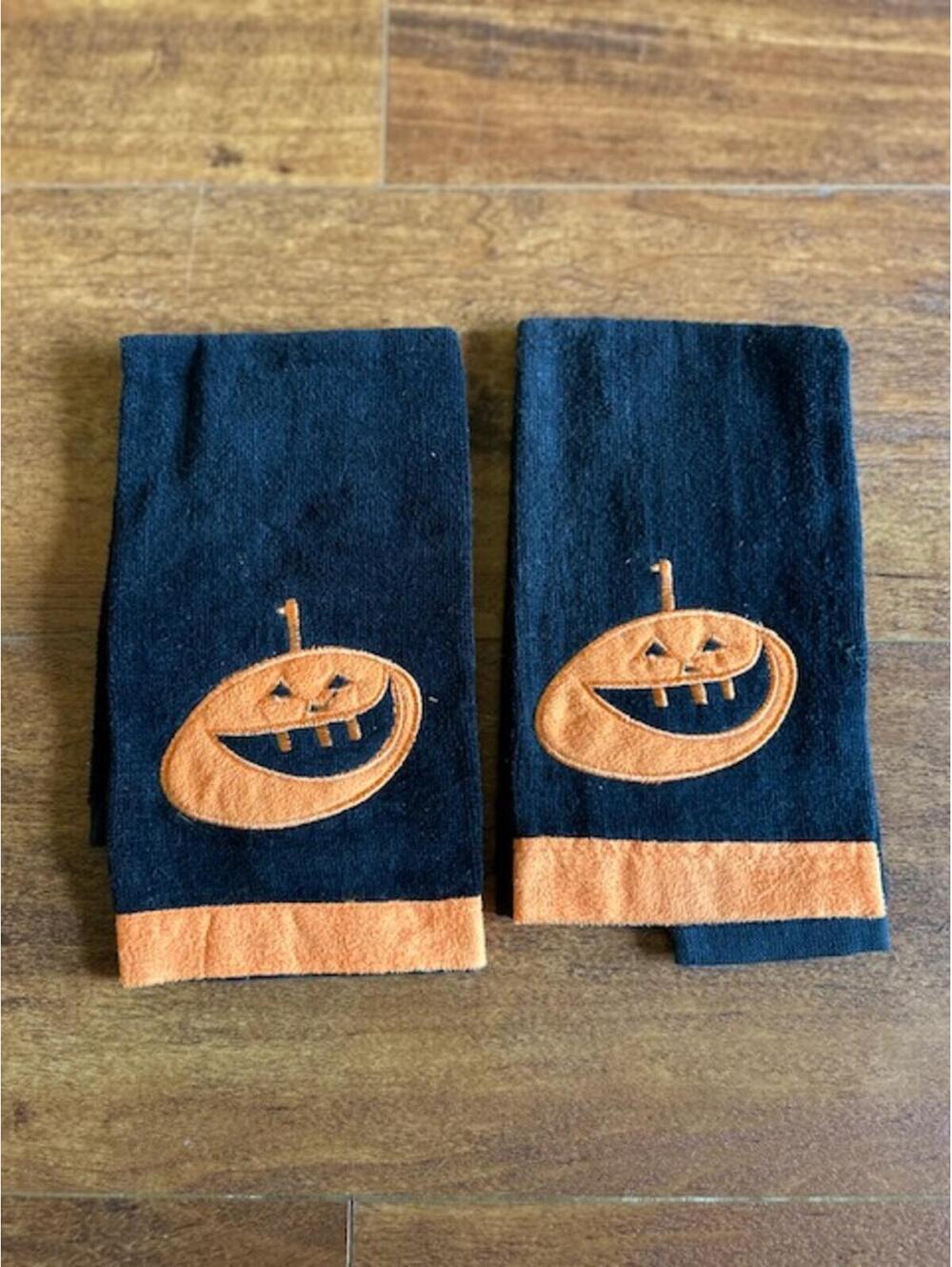 Pair of Black and Orange Halloween Pumpkin Hand Towels